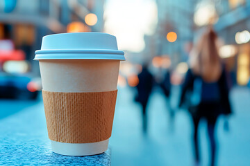Paper coffee cup with sleeve on a city ledge, blurred people walking in the urban background, representing daily life