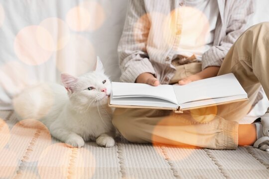 Little boy with cute cat reading book in bedroom