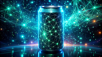 Energy drink can with a futuristic design glowing network ideal for technology or beverage concepts