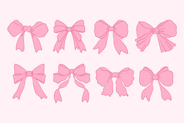 Gift birthday christmas decor and valentine day pink ribbon bows hand drawn collection bow flat vector illustrations set