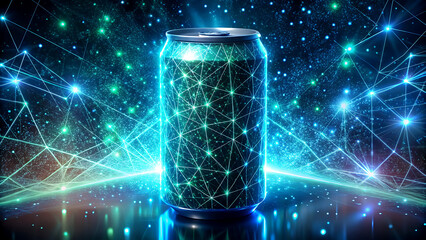 Aluminum can with glowing digital network futuristic technology concept energy drink advertisement
