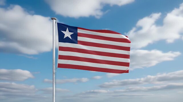 Liberian flag waving proudly in the wind against a vibrant blue sky, symbolizing national pride and freedom