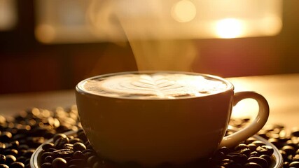 A steaming cup of coffee sits elegantly on a saucer surrounded by coffee beans, creating a rich aroma. The warmth of the coffee cup invites the man to savor the moment.