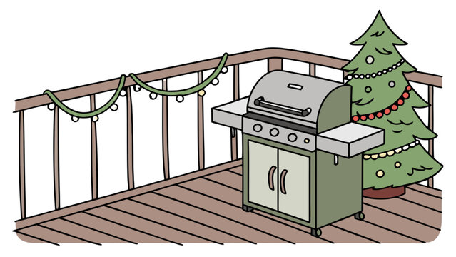 Summer Christmas BBQ on Deck with Grill and Decorated Tree Vector, A line art illustration showing a gas barbecue grill and a decorated Christmas tree on a wooden deck, complete with festive garland