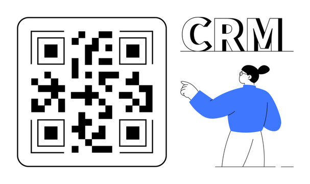 QR code beside bold CRM text and a figure in blue top pointing, representing technology, data management, and interaction. Ideal for software, marketing, automation, analytics, customer support