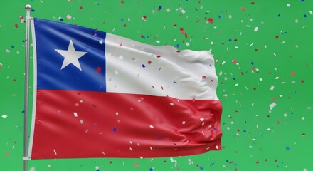 Waving Chile flag with falling confetti on green screen background for national holiday celebration, independence day, or patriotic event.