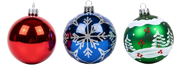 A set of three charming Christmas ornaments, including red, blue with snowflakes, and one with a Christmas tree, isolated on a white background. A festive holiday collection.