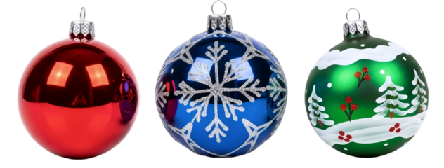 A set of three charming Christmas ornaments, including red, blue with snowflakes, and one with a Christmas tree, isolated on a white background. A festive holiday collection.