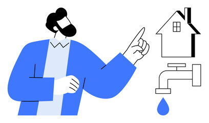 Man pointing at house graphic linked to water faucet with drop. Ideal for plumbing, water supply, home maintenance, sustainability, infrastructure, real estate, simple flat metaphor