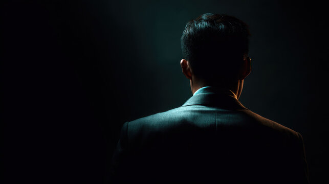 Poised Asian man in suit seen from behind under dramatic low light, moody silhouette and cinematic atmosphere conveying mystery and confidence - Powered by Adobe
