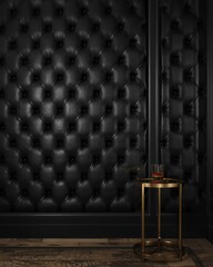 Obraz premium Elegant Black Leather Tufted Wall with a Side Table and Whiskey Glass in a Luxurious Setting