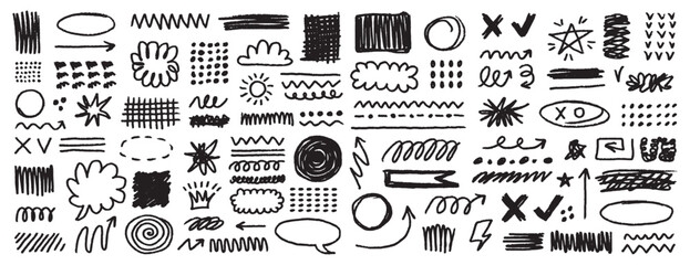 line hand drawn brush vector element doodle set. Grunge abstract chalk spiral, arrows element scribble line brush hand drawn sketch design.