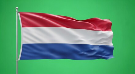 Naklejka premium Dutch flag waving on a pole on a green screen. Chroma key ready background for patriotic content. National day and independence day concept.