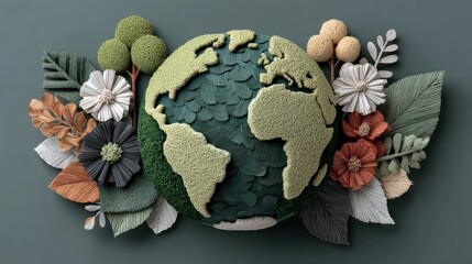 A textured, handmade globe of Earth is adorned with various colorful flowers, green leaves, and small trees, symbolizing nature and the planet.