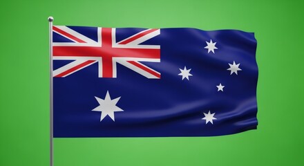 Australia flag waving on flagpole. Australian national symbol for independence day, national day, or celebration of patriotic event with green chromakey background.
