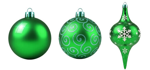A set of three beautiful green Christmas ornaments in various shapes and patterns, isolated on a white background. An elegant and classic holiday collection.