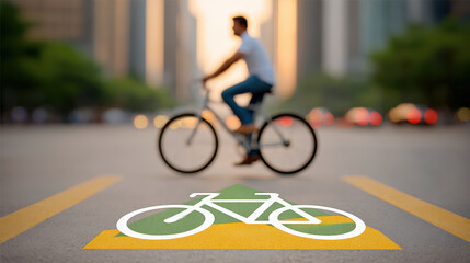 Bicycle lane green arrow road marking with cyclist riding in urban street at sunset, active commuting and safe transportation in cityscape