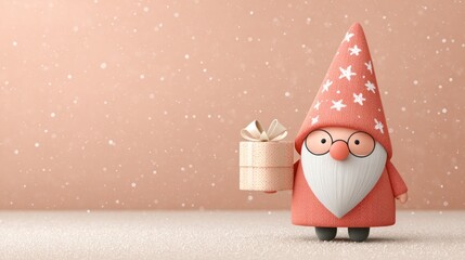 Festive christmas gnome holding gift presenting holiday cheer, copy space