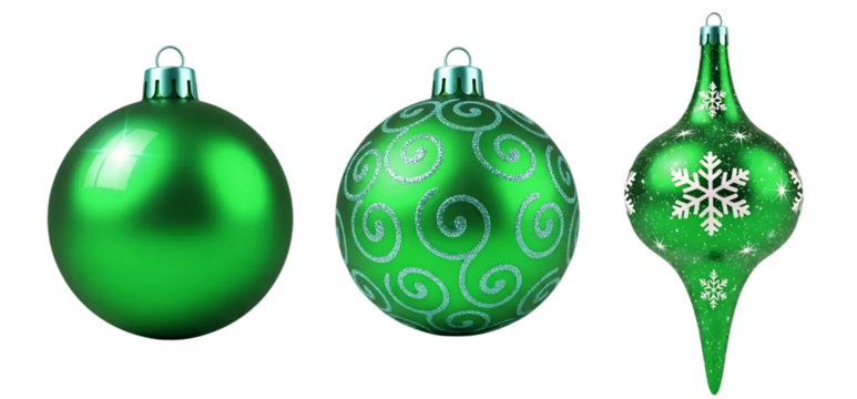 A set of three beautiful green Christmas ornaments in various shapes and patterns, isolated on a white background. An elegant and classic holiday collection.