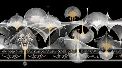 A decorative repeating pattern featuring stylized fan-shaped floral elements in white and gold against a black background.