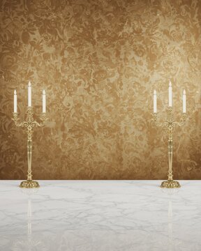 Elegant candelabras with lit candles on marble surface against ornate golden background design