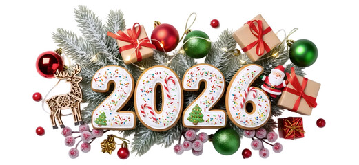 Happy New Year 2026 greeting. The numbers are formed by a beautiful arrangement of Christmas ornaments, gifts, and holly, isolated on a white background.