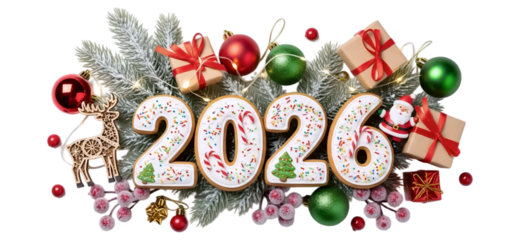Happy New Year 2026 greeting. The numbers are formed by a beautiful arrangement of Christmas ornaments, gifts, and holly, isolated on a white background.