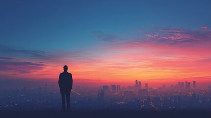 Fototapeta premium Silhouette businessman overlooking city skyline at sunrise with dramatic colorful sky and distant skyscraper lights
