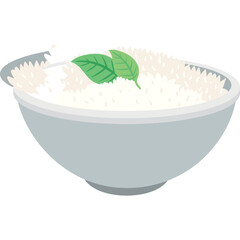 Pixel Art Bowl of White Rice Topped with Two Green Basil Leaves on a Transparent Background