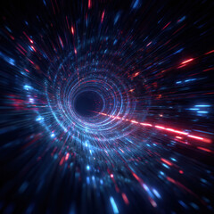 Obraz premium Glowing psychedelic wormhole tunnel with streaking blue and red light creating motion and depth, futuristic cosmic vortex with radiating particles and energetic beam