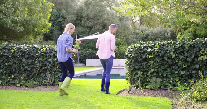 Female friends carrying pink pots walking on lawn, kneeling planting blooms, beautifying garden bed