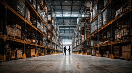 Two business people shake hands in the center aisle of a massive industrial storage facility