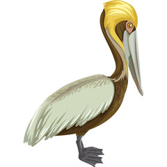 Pixel Art Brown Pelican With Yellow Crest Standing On Its Feet Against A White Background With A Transparent Background Showing Its Full Body In Profile View