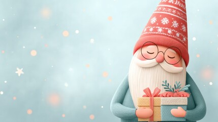 Christmas gnome holding gifts representing holiday cheer, copy space