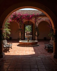 Fototapeta premium Elegant courtyard scene featuring a fountain, arches, and blooming flowers in a serene ambiance