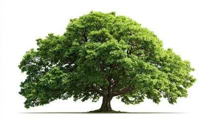 Mature broadleaf tree with full green canopy and sturdy trunk in isolated white background, peaceful natural scene with bright summer foliage and realistic shadow