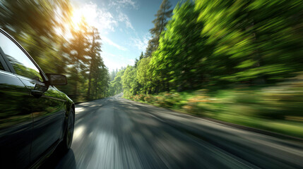 Fototapeta premium Sporty car driving on forest road at high speed with motion blur and sunlight
