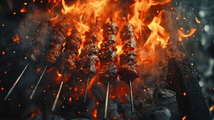 Juicy meat skewers grilling over hot flames.
