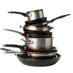 a stack of dirty pans isolated on transparent or white background. PNG
