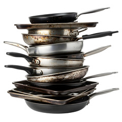 a stack of dirty pans isolated on transparent or white background. PNG
