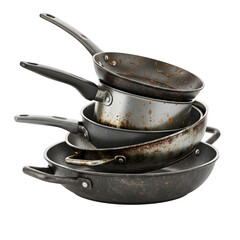 a stack of dirty pans isolated on transparent or white background. PNG
