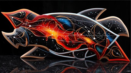 A striking abstract sculpture adorned with a cosmic nebula and starfield motif, showcasing a dynamic interplay of vibrant colors and intricate lines.