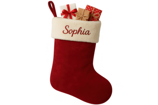 Red christmas stocking with sophia personalized name, filling with festive presents, celebrating holiday tradition