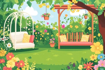 Idyllic garden with swing and bench, vibrant flowers, lush greenery.