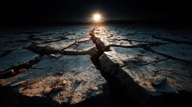 Cracked dry earth landscape parched ground deep fissure dramatic light sunset glow barren soil