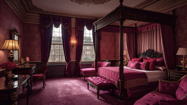 Chambre luxueuse de style classique en tons pourpres avec lit &agrave; baldaquin et mobilier &eacute;l&eacute;gant.