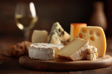 Soft artisanal cheese platter with creamy brie, washed rind wedge, blue cheese and Swiss slices paired with crusty bread and glass of white wine, warm moody lighting evokes cozy rustic tasting