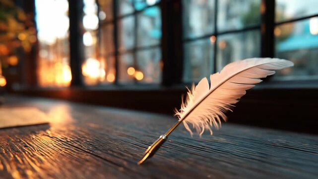 Feather quill pen on wooden surface by window with golden sunlight