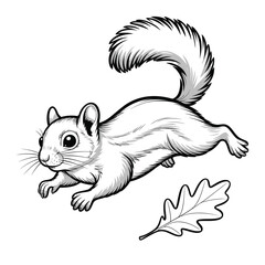 Whimsical black and white illustration of a playful squirrel with an oak leaf