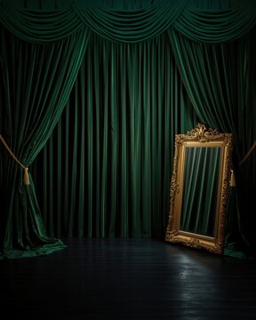 Elegant gold framed mirror on stage with dark green curtain backdrop and theatrical lighting